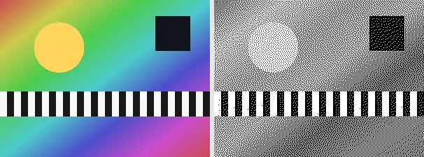 Bild dithern: Original links, Ergebnis rechts