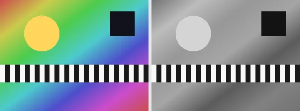 Bild in Graustufen: Original links, Ergebnis rechts